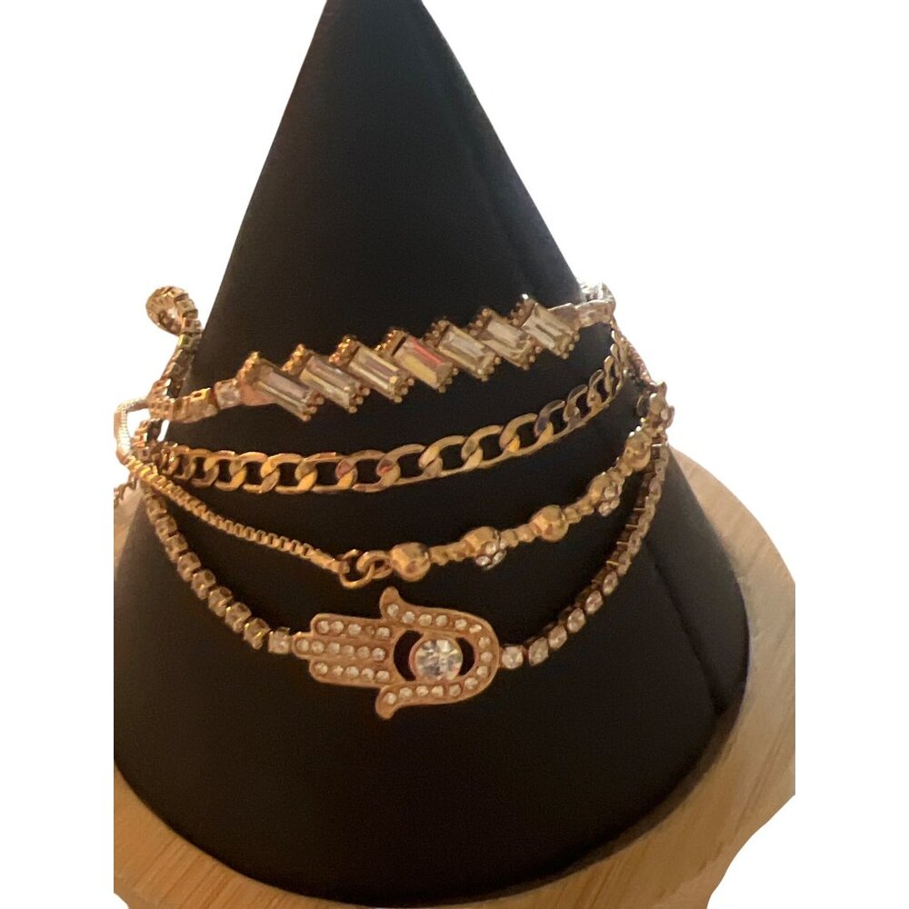 Aldo Set of 4 Gold Tone Bracelets Chain Hamsa Clear Rhinestones Slide Adj NWOT